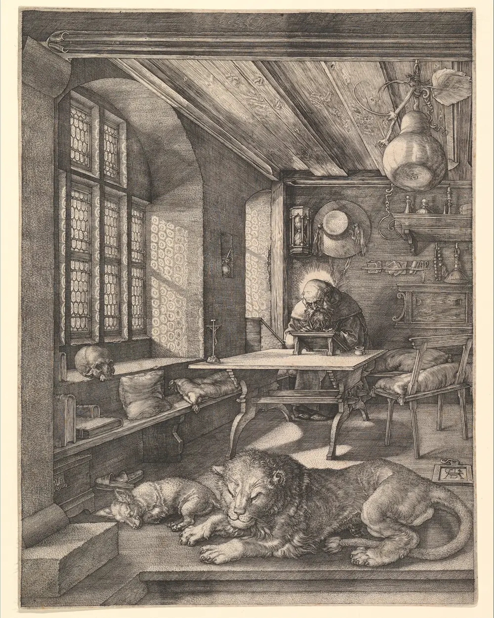 Gravure van Sint-Hiëronymus aan zijn schrijftafel in een studeerkamer, met een slapende leeuw en een hond