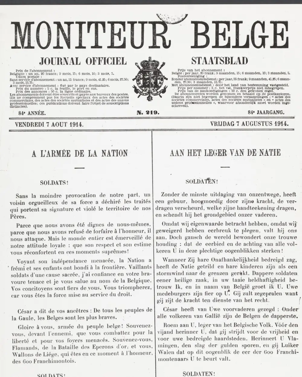 Voorpagina van het Belgisch Staatsblad van 7 augustus 1914 met dezelfde tekst in het Frans en het Nederlands naast elkaar