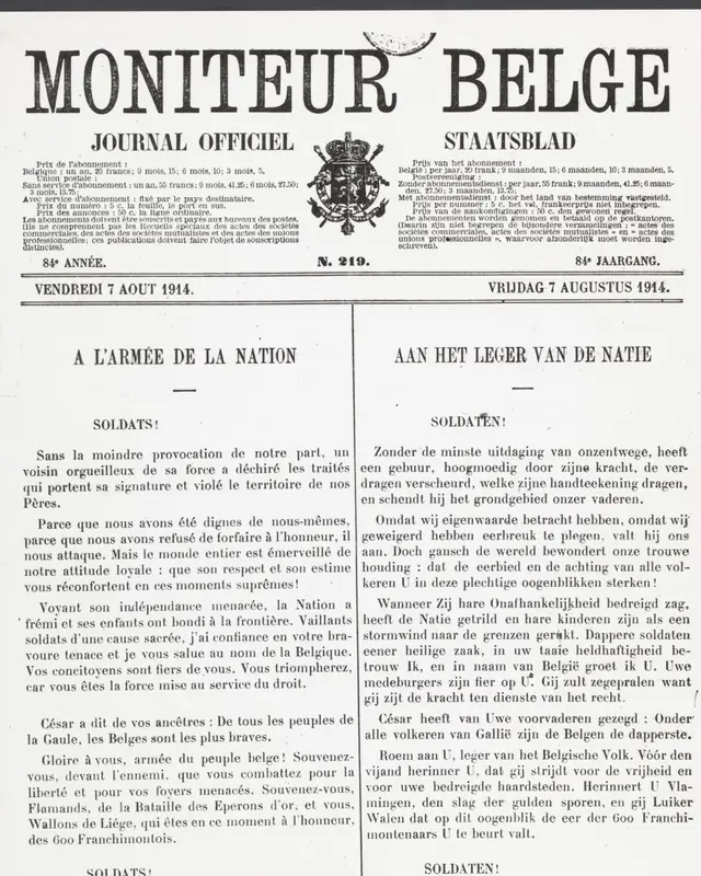 Voorpagina van het Belgisch Staatsblad van 7 augustus 1914, in het Frans en het Nederlands