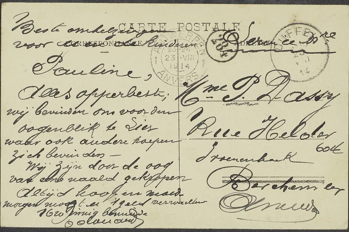 Achterkant van dezelfde postkaart, in 1914 in het Nederlands geschreven en in het Frans geadresseerd